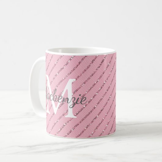 Mug Fille Blush Parties scintillant rose rayures Monog (Devant gauche)
