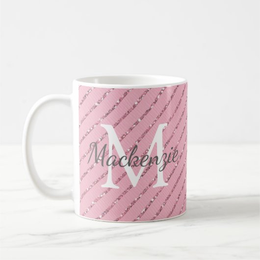 Mug Fille Blush Parties scintillant rose rayures Monog (Gauche)
