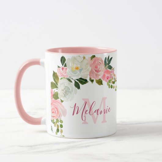 Mug Fille Blush rose et blanc Roses Nom Monogramme (Gauche)