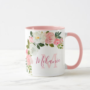 Mug Fille Blush rose et blanc Roses Nom Monogramme