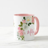 Mug Fille Blush rose et blanc Roses Nom Monogramme (Devant droit)