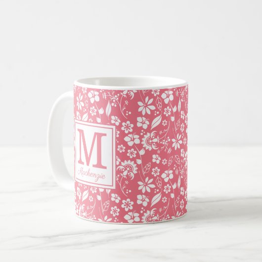 Mug Fille Blush rose Fleurs tropicales Monogramme (Devant gauche)