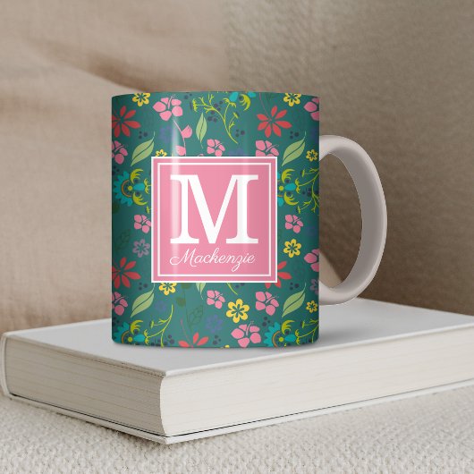 Mug Fille Bohème Fleurs colorées Turquoise Monogramme