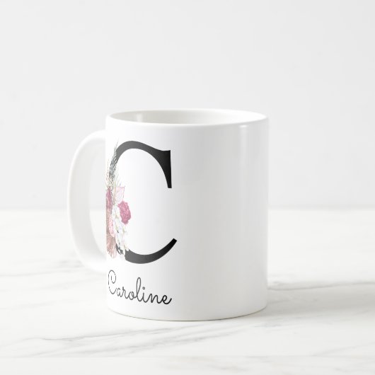 Mug Fille Boho rose moderne Floral C initial (Devant gauche)