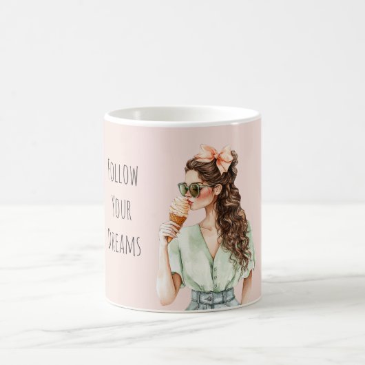 Mug Fille Cheveux Bruns Ruban Peach Cône de Glace (Centre)
