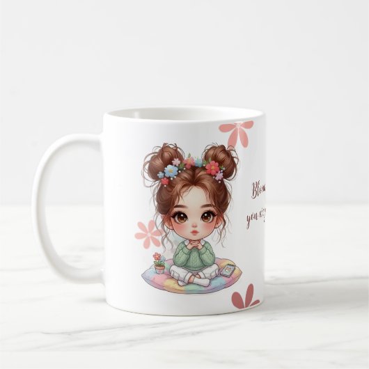 Mug Fille Chibi Adorable Assise sur un Coussin avec ci (Gauche)