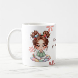 Mug Fille Chibi Adorable Assise sur un Coussin avec ci