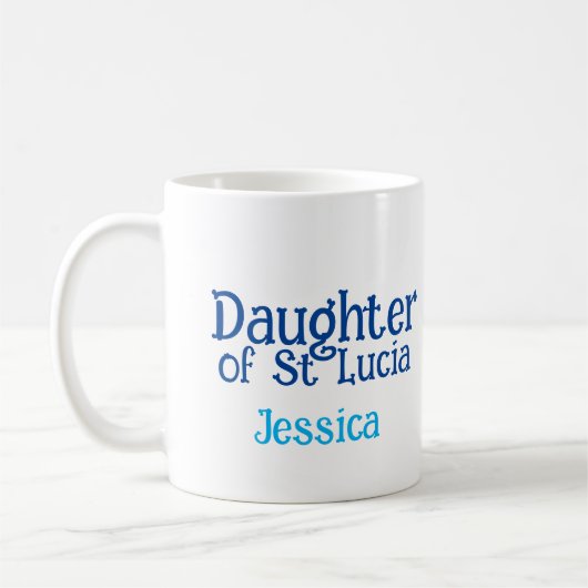 Mug Fille de Sainte-Lucie | Texte bleu de l'hymne (Gauche)