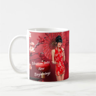 Mug Fille du Nouvel An chinois avec un parapluie rouge