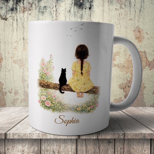 Mug Fille et chat noir sur une branche