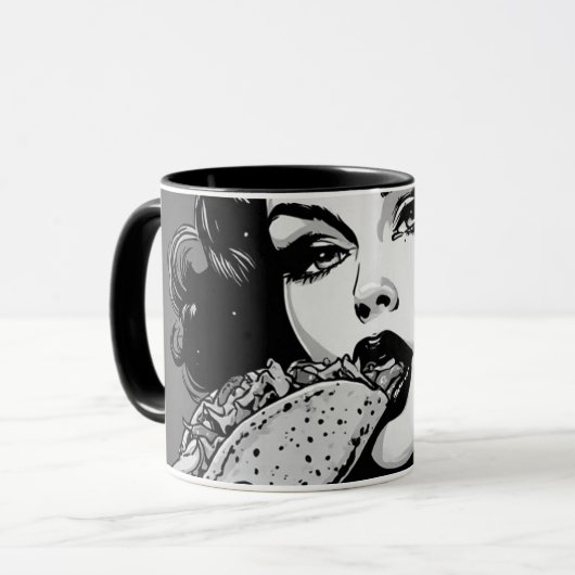 Mug Fille gothique de style graphique BW 50s mangeant (Devant gauche)