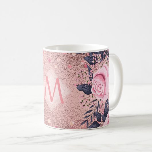 Mug Fille jamais ROSEGOLD Bleu rose Floral MONOGRAS (Devant droit)