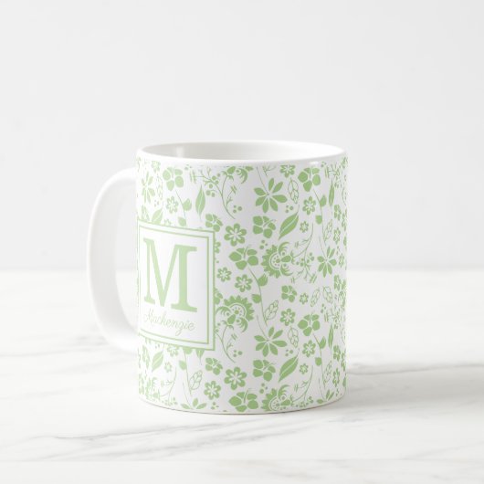 Mug Fille Lime Vert Fleurs tropicales Monogramme (Devant gauche)