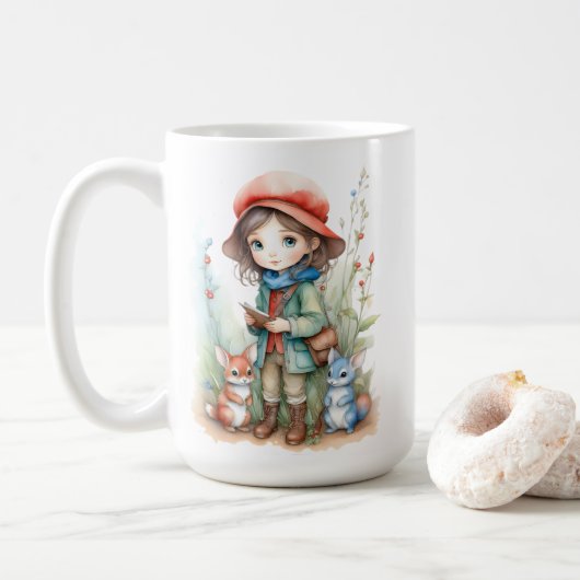 Mug Fille mignonne avec des amis animaux à Woods (Avec donut)