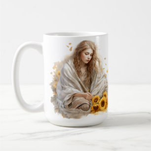 MUG FILLE PENSIVE DE L'AUTOMNE À L'AQUARELLE AVEC CHEV