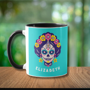 Mug Fille personnalisée crâne de sucre floral brillant