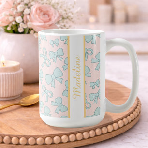 Mug Fille Personnalisée Joli Nœud Nom Bleu Rose