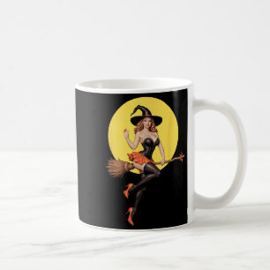 Mug Fille pin-up sorcière d'Halloween chevauchant un b