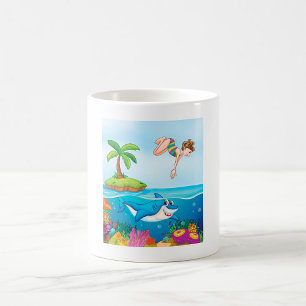Mug Fille plongeant dans l'océan avec un requin ami su