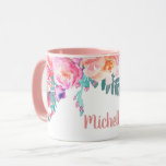 Mug Fille Rose Fleurs Élégant Nom Personnalisé<br><div class="desc">Girly Peach Rose Floral Elégant nom personnalisé ou mug monogramme. Caractéristiques, rose pâle et pêche pastel aquarelle rose cadre botanique floral avec feuillage au-dessus sur arrière - plan blanc. Vous pouvez personnaliser avec votre nom ou monogramme avec une jolie calligraphie manuscrite et élégante. Cette tasse féminine fait le cadeau parfait...</div>