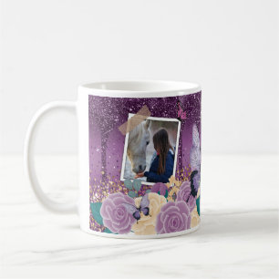 Mug Fille Violet Floral Faux Sparkly Deux Nom Photo