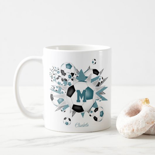 Mug filles nom balle de football étoiles turquoise noi (Avec donut)