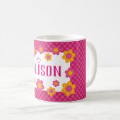 Mug Filles personnalisées nom plaid jaune fleurs rose (Devant droit)