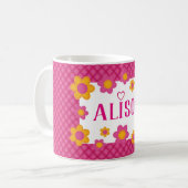 Mug Filles personnalisées nom plaid jaune fleurs rose (Devant gauche)