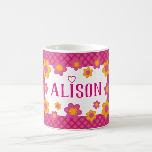 Mug Filles personnalisées nom plaid jaune fleurs rose (Centre)