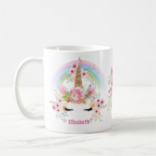 Mug Filles Unicorne magique rose Arc-en-ciel Fleurs