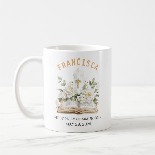 Mug First Holy Communion Floral Bible Religious (Gauche)