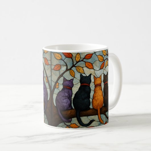 Mug Five Cats on a Tree Branch Stained Glass Style (Devant droit)