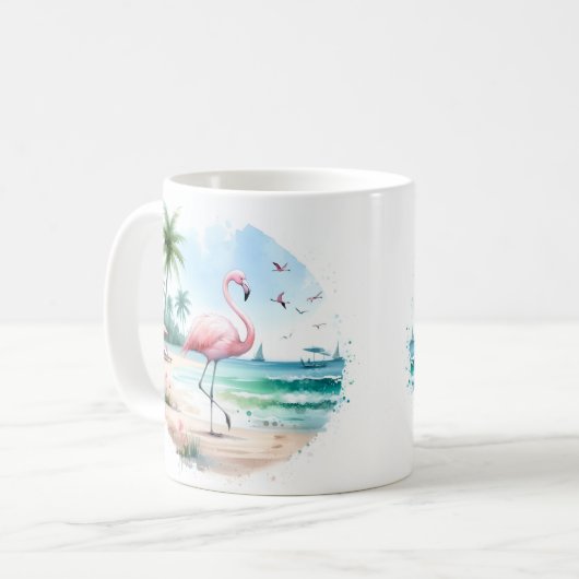 Mug Flamant rose d'été aquarelle sur la plage (Devant gauche)