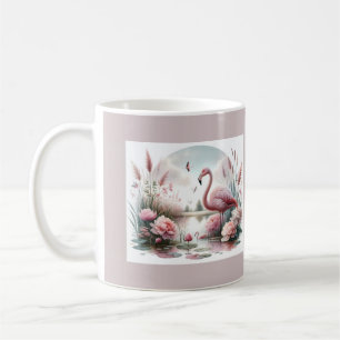 Mug Flamant rose en Pastel Pond Floral Scene