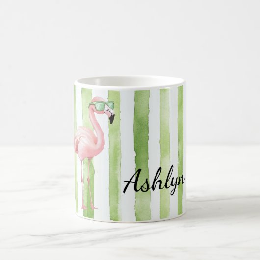 Mug Flamant rose Green Pink Stripes Anniversaire (Centre)