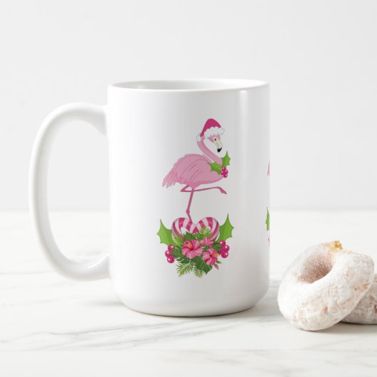 Mug Flamant rose rose à Santa Hat Noël Whimsical (Avec donut)