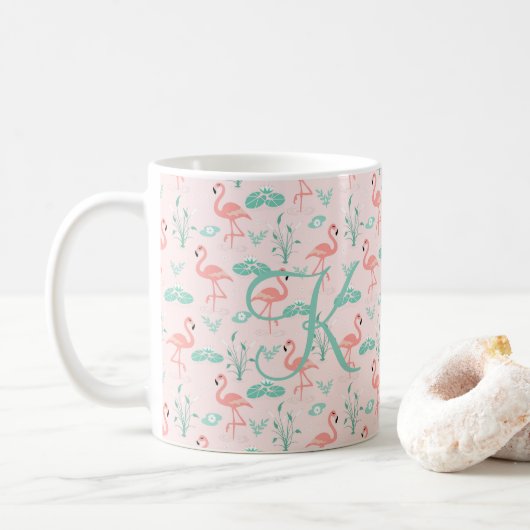 Mug Flamant Rose Vert Monogramme Oiseaux Tropicaux (Avec donut)