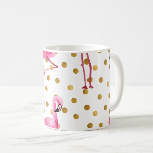 Mug Flamants roses, points dorés, aquarelle. (Devant droit)