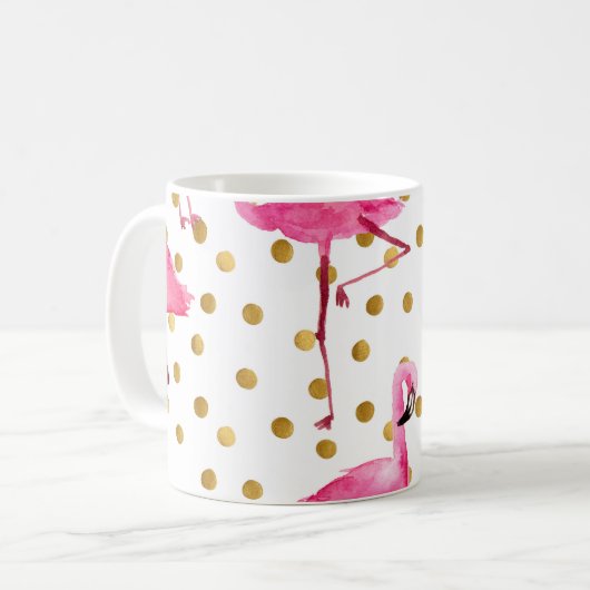 Mug Flamants roses, points dorés, aquarelle. (Devant gauche)