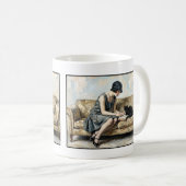 Mug Flapper Reading a book with a black cat Literature (Devant droit)