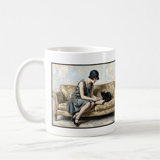 Mug Flapper Reading a book with a black cat Literature (Gauche)