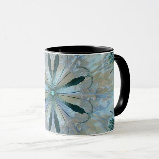 Mug Fleur Abstraite Fractée Turquoise Blanc Bleu Gris (Devant droit)