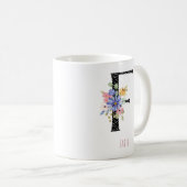 Mug Fleur aquarelle F Monogramme Nom Point noir (Devant droit)