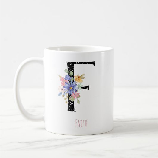 Mug Fleur aquarelle F Monogramme Nom Point noir (Gauche)