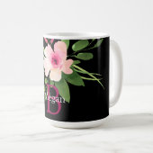 Mug Fleur aquarelle, nom et monogramme sur fond noir (Devant droit)