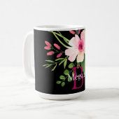 Mug Fleur aquarelle, nom et monogramme sur fond noir (Devant gauche)