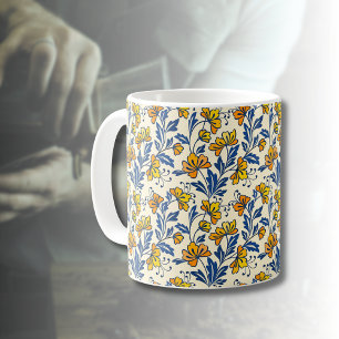 Mug Fleur Bleue Feuillue de Style Folk Orange Jaune Vi