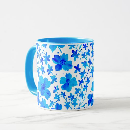 Mug Fleur botanique en bleu foncé et blanc  (Devant gauche)