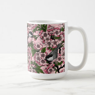 Mug Fleur de cerisier et mésanges sur fond rose
