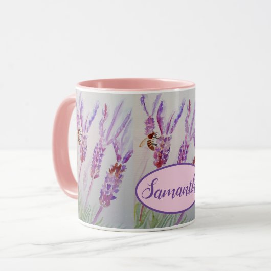 Mug Fleur de lavande et aquarelle d'abeille (Devant gauche)